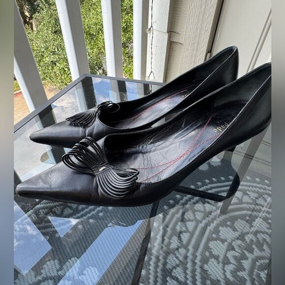 Kate Spade New York Black Leather Pointed Toe Heels Bow Detail 7B Made in Italy - Picture 1 of 9